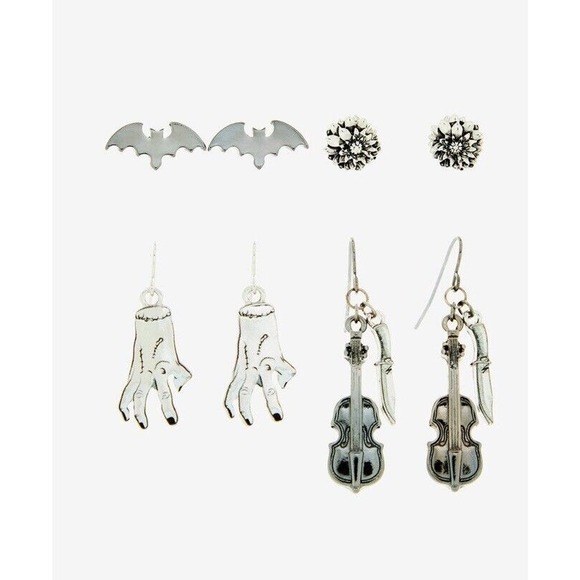 Wednesday Addamscore Earring Set Bat Flower Hand Violin Silver Tone New - Picture 4 of 4